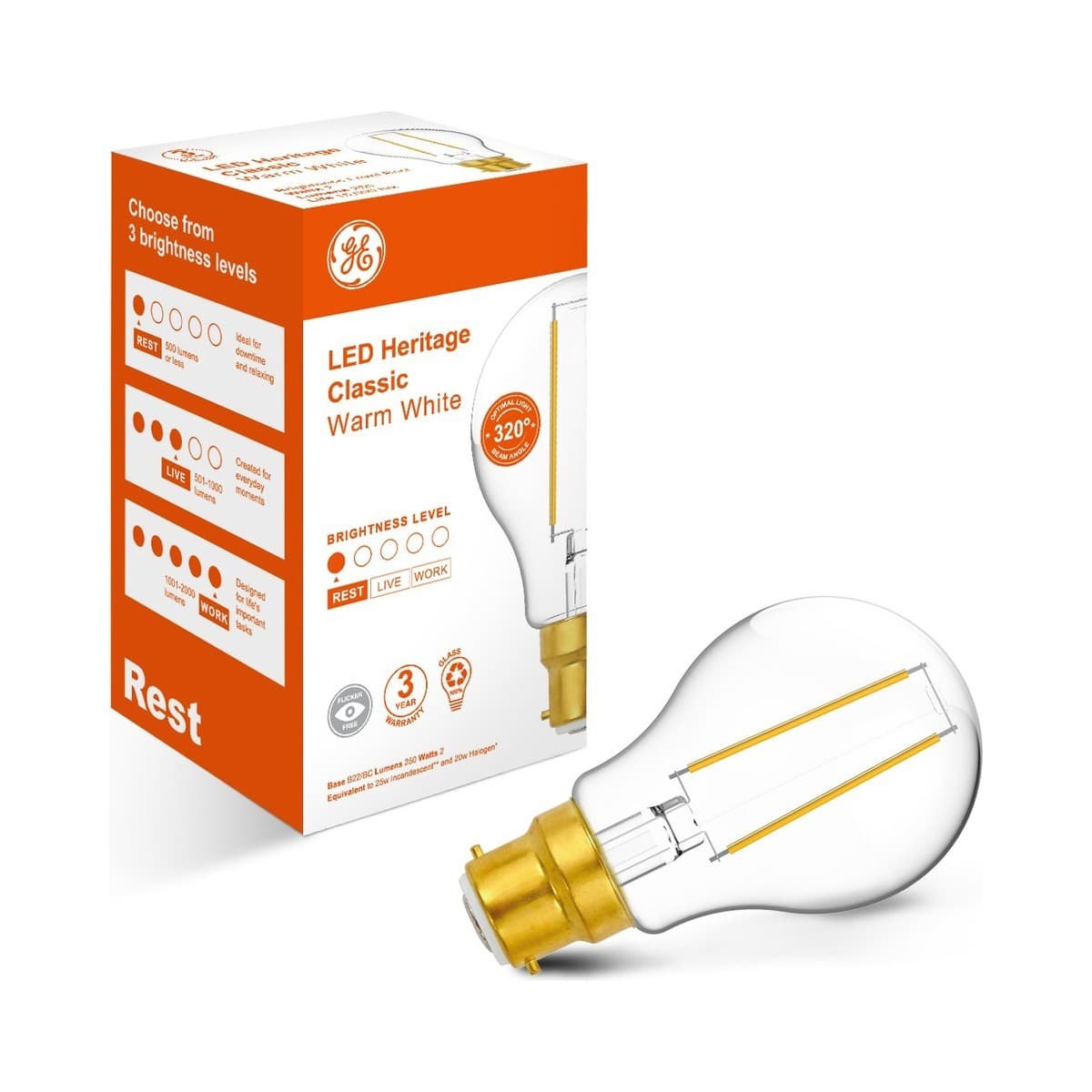 GE 2W Clear LED GLS BC Globe in Warm White