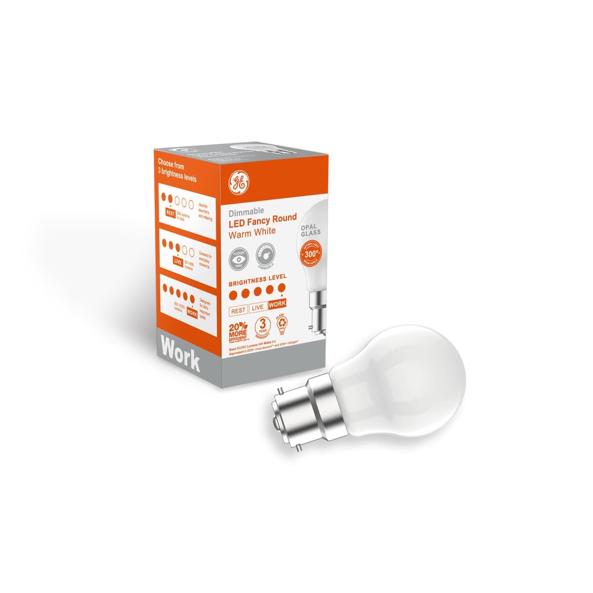 GE 6.5W LED Opal BC Dimmable Fancy Round Globe in Warm White-img-2
