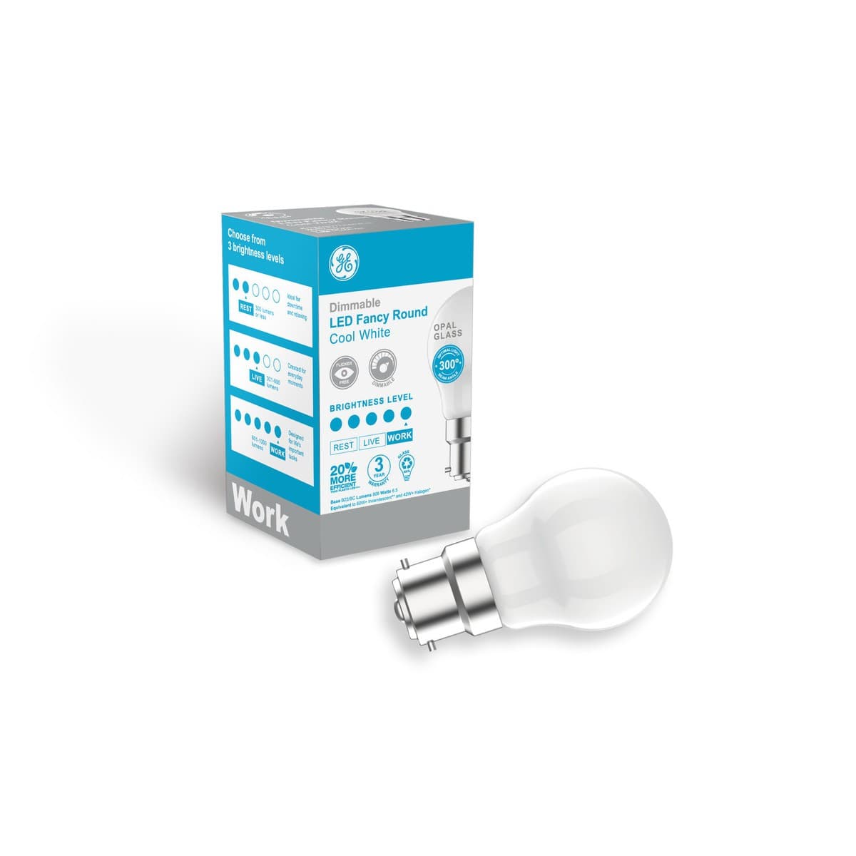 GE 6.5W LED Opal BC Dimmable Fancy Round Globe in Cool White-img-2