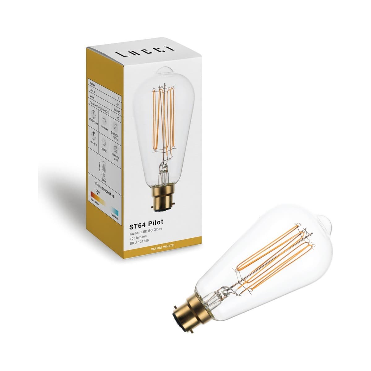 Lucci 6W LED Karbon ST64 Pilot BC Dimmable Globe with Clear Glass in Warm White-img-1