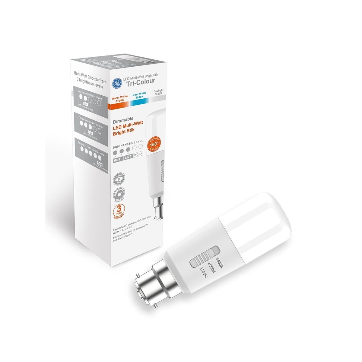 GE LED Bright Stik Multi-Watt Colour Switch CCT Dimmable BC Globe