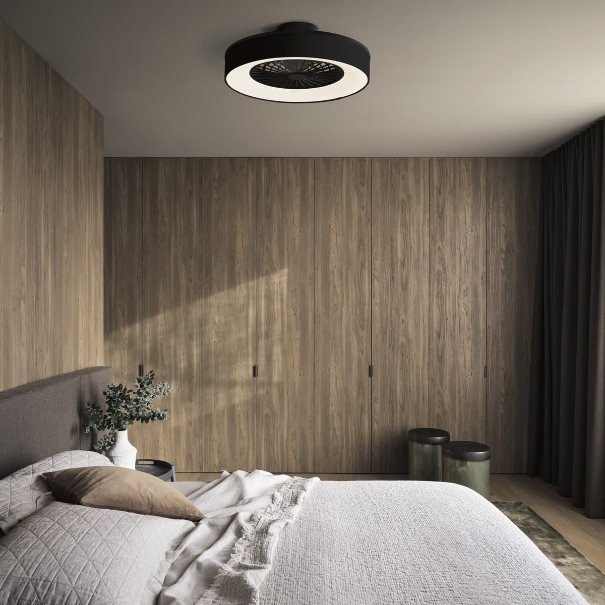 Monsanto Flush Ceiling Fan with LED Light in Black with Black Fabric Shade-img-2