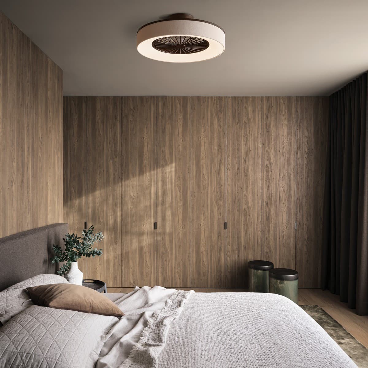 Monsanto Flush Ceiling Fan with LED Light in Bronze with Natural Fabric Shade-img-2