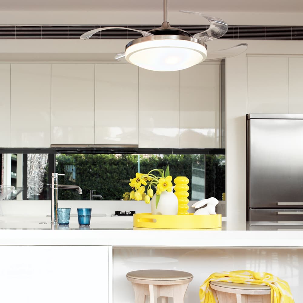Fanaway Evo2 Endure Brushed Chrome Ceiling Fan with Retractable Blades and Light