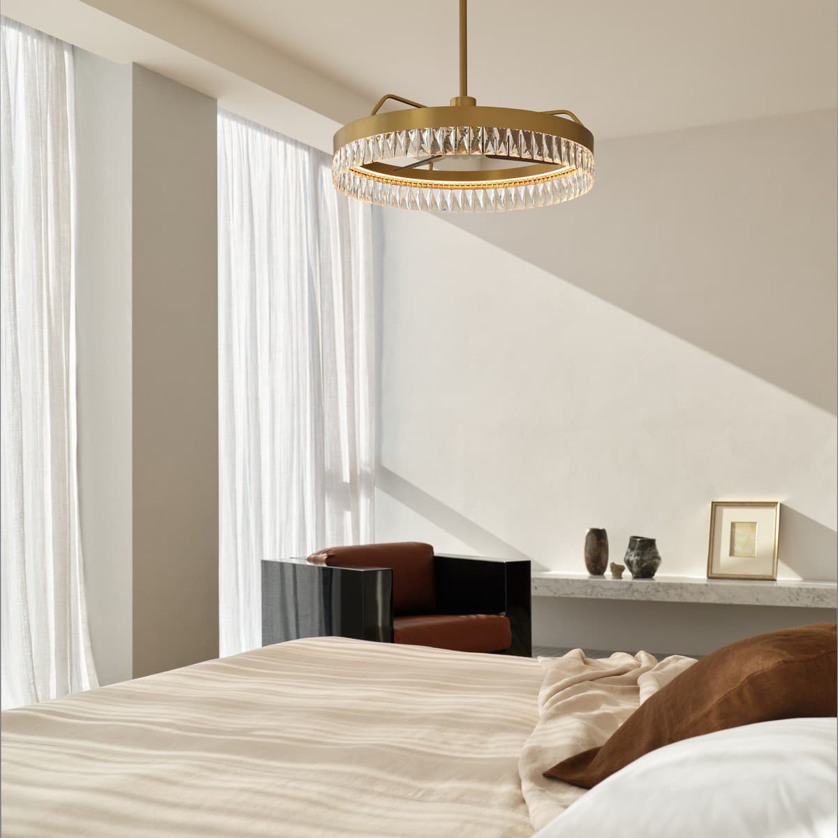 Cessna DC Fan with 700mm LED Light in Antique Brass with Clear Crystal and Walnut Blades-img-4