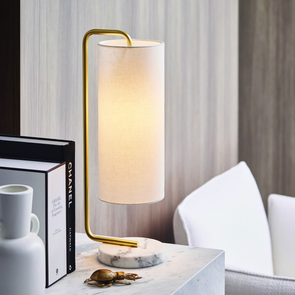 Astley 1 Light Table Lamp in Brass with Marble Base and White Linen Shade-img-2