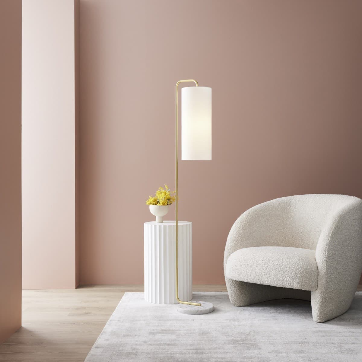 Astley 1 Light Floor Lamp in Brass with Marble Base and White Linen Shade-img-2