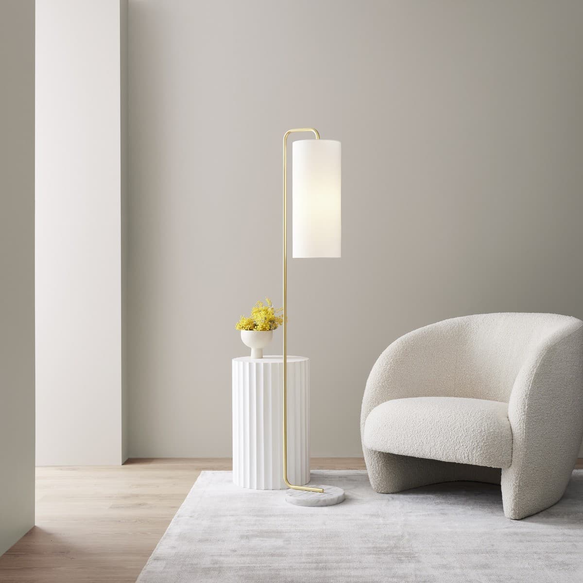 Astley 1 Light Floor Lamp in Brass with Marble Base and White Linen Shade-img-3