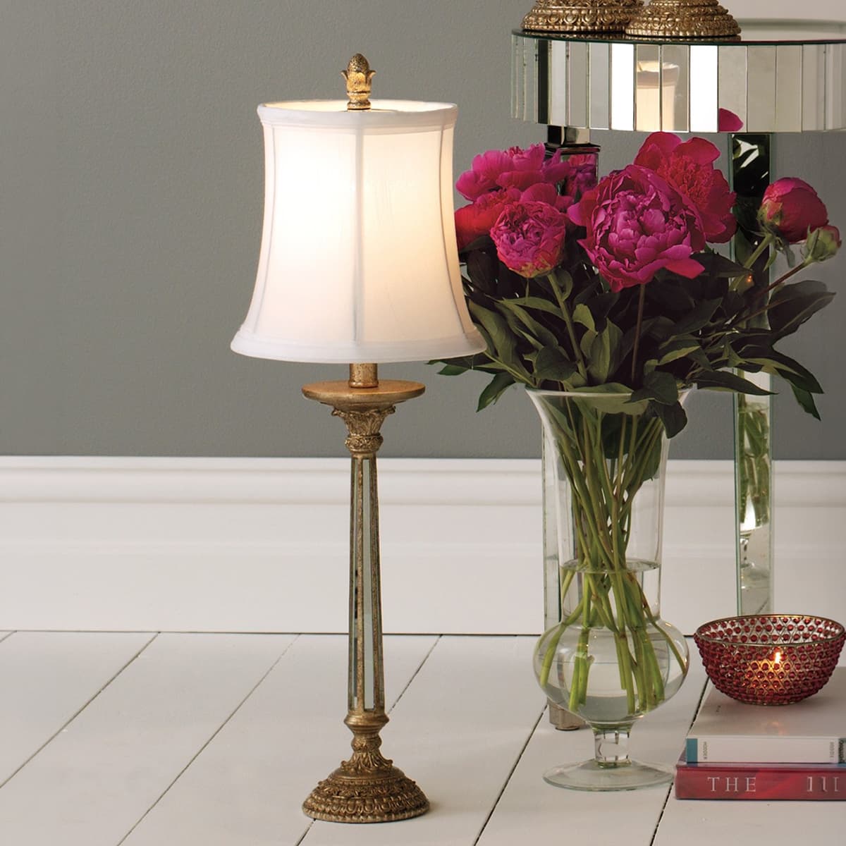 Sari Small Table Lamp in Antique Silver with White Shade