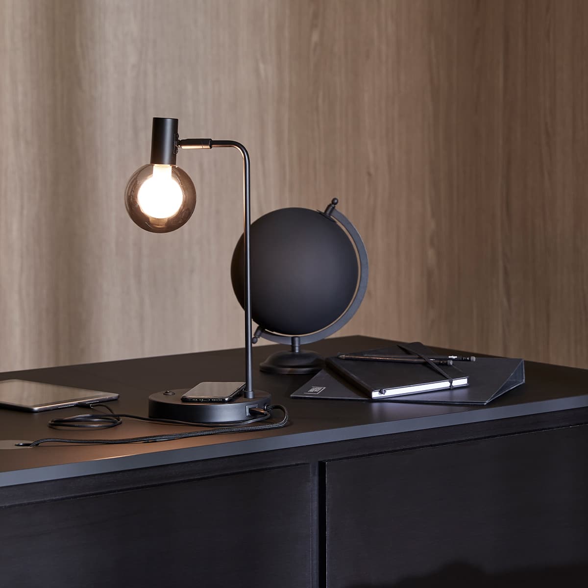 Marx 1 Light Table Light in Black with Smoke Glass Shade and USB Port-img-2