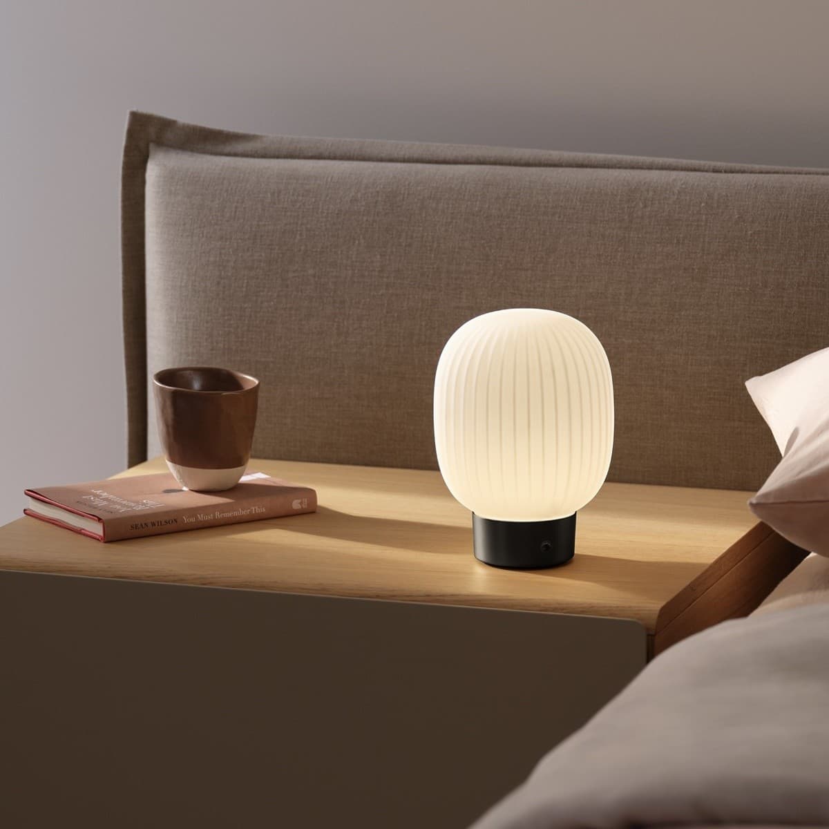 Ellidy Tall LED Portable Rechargable Table Lamp in Black with Ribbed Opal Glass Shade-img-2