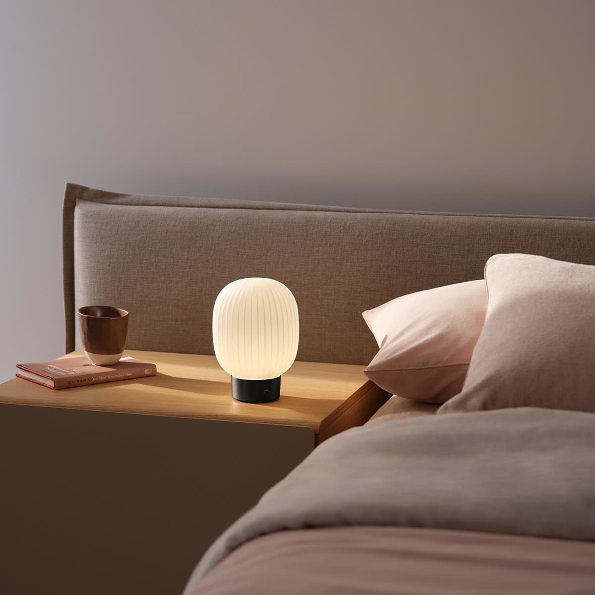 Ellidy Tall LED Portable Rechargable Table Lamp in Black with Ribbed Opal Glass Shade-img-4