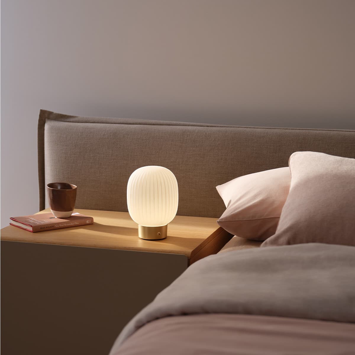 Ellidy Tall LED Portable Rechargable Table Lamp in Brass with Ribbed Opal Glass Shade-img-2
