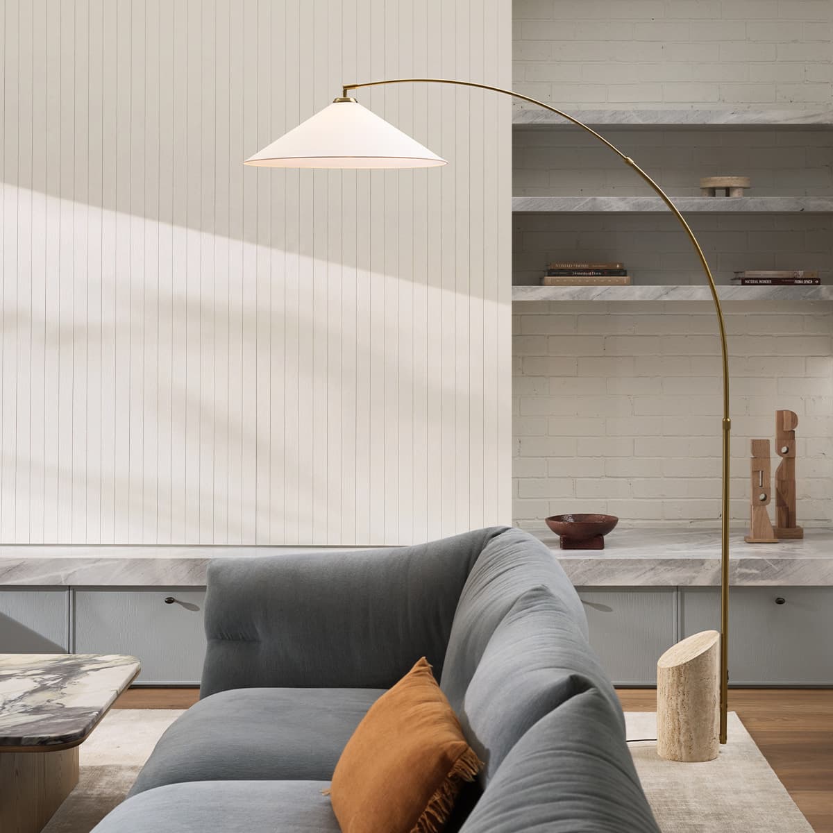 Valerie Floor Lamp in Aged Brass with Travertine and White Linen-img-2