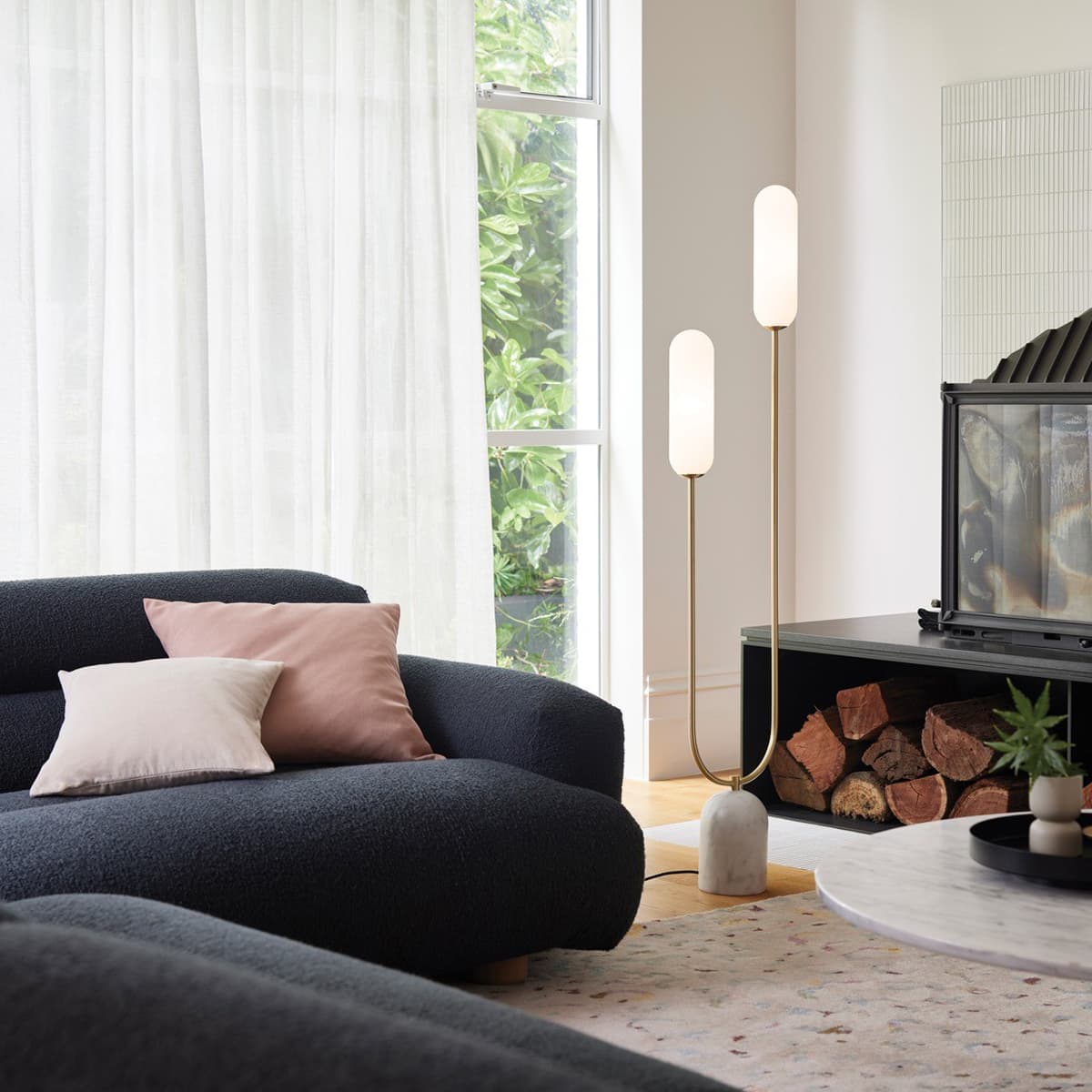 Reid 2 Light Floor Lamp in Brass with Marble Base and Opal Glass Shades-img-2