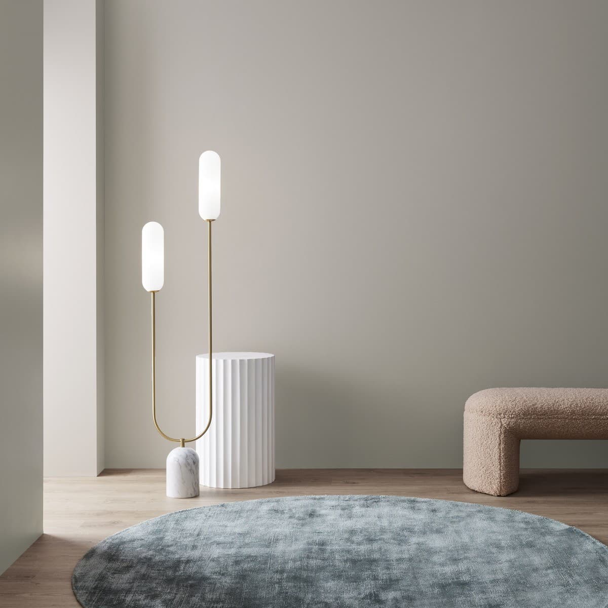 Reid 2 Light Floor Lamp in Brass with Marble Base and Opal Glass Shades-img-3
