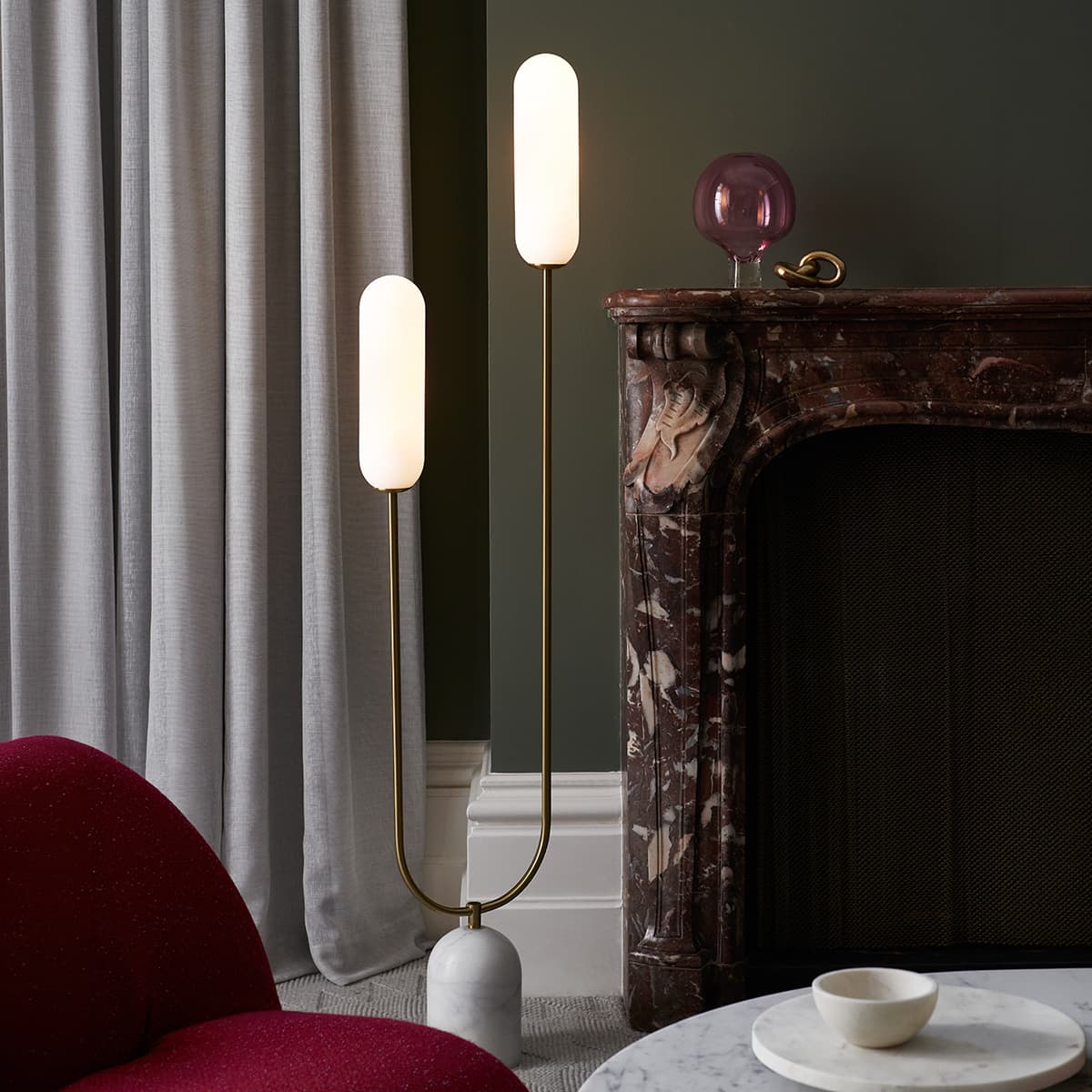 Reid 2 Light Floor Lamp in Brass with Marble Base and Opal Glass Shades-img-4