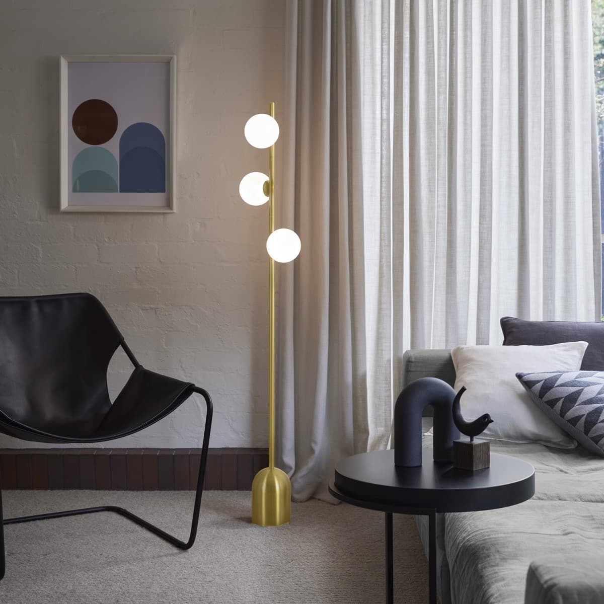 Helix 3 Light Floor Lamp in Brass with Opal Glass Shades-img-2