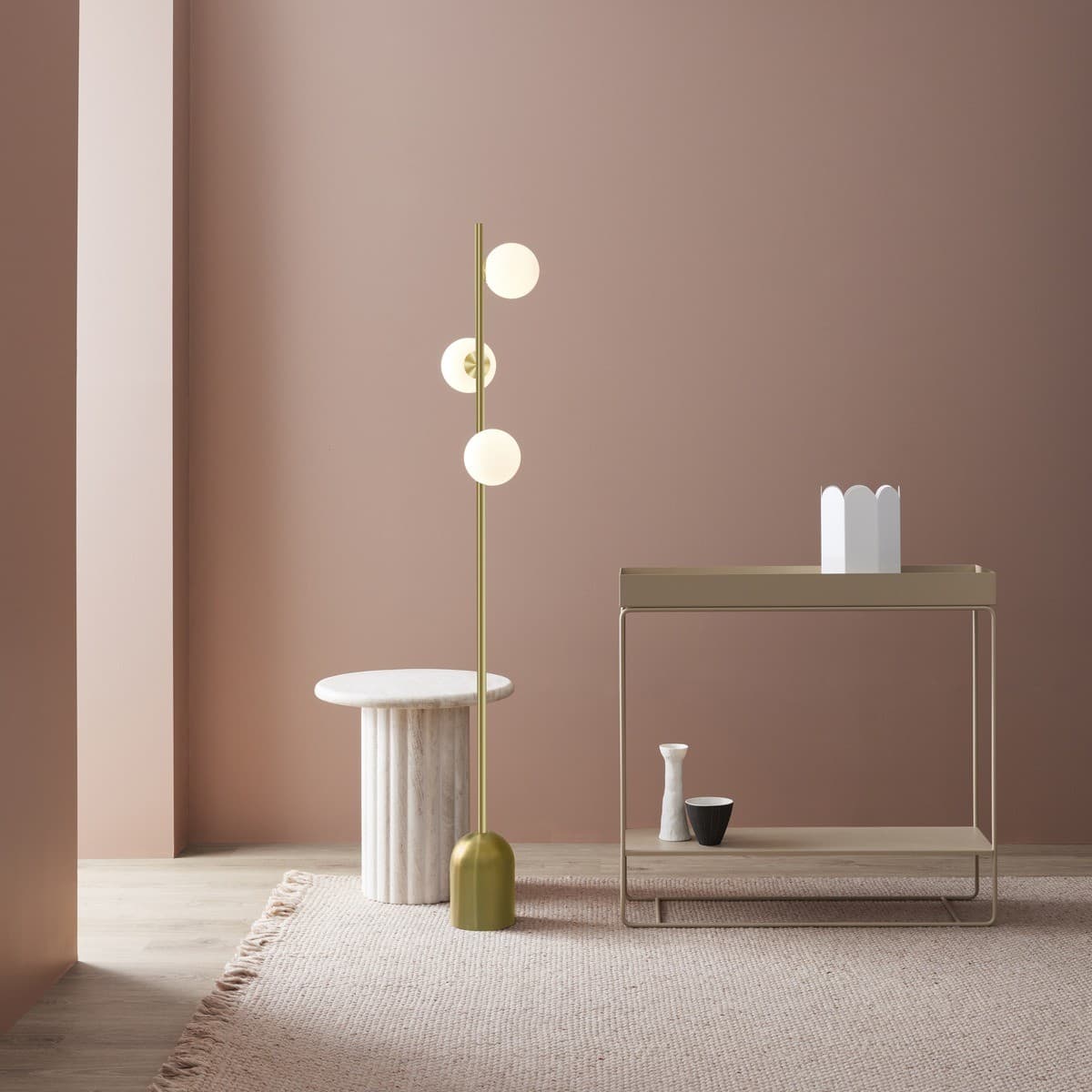 Helix 3 Light Floor Lamp in Brass with Opal Glass Shades-img-3