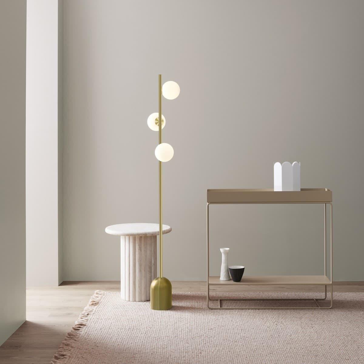 Helix 3 Light Floor Lamp in Brass with Opal Glass Shades-img-4