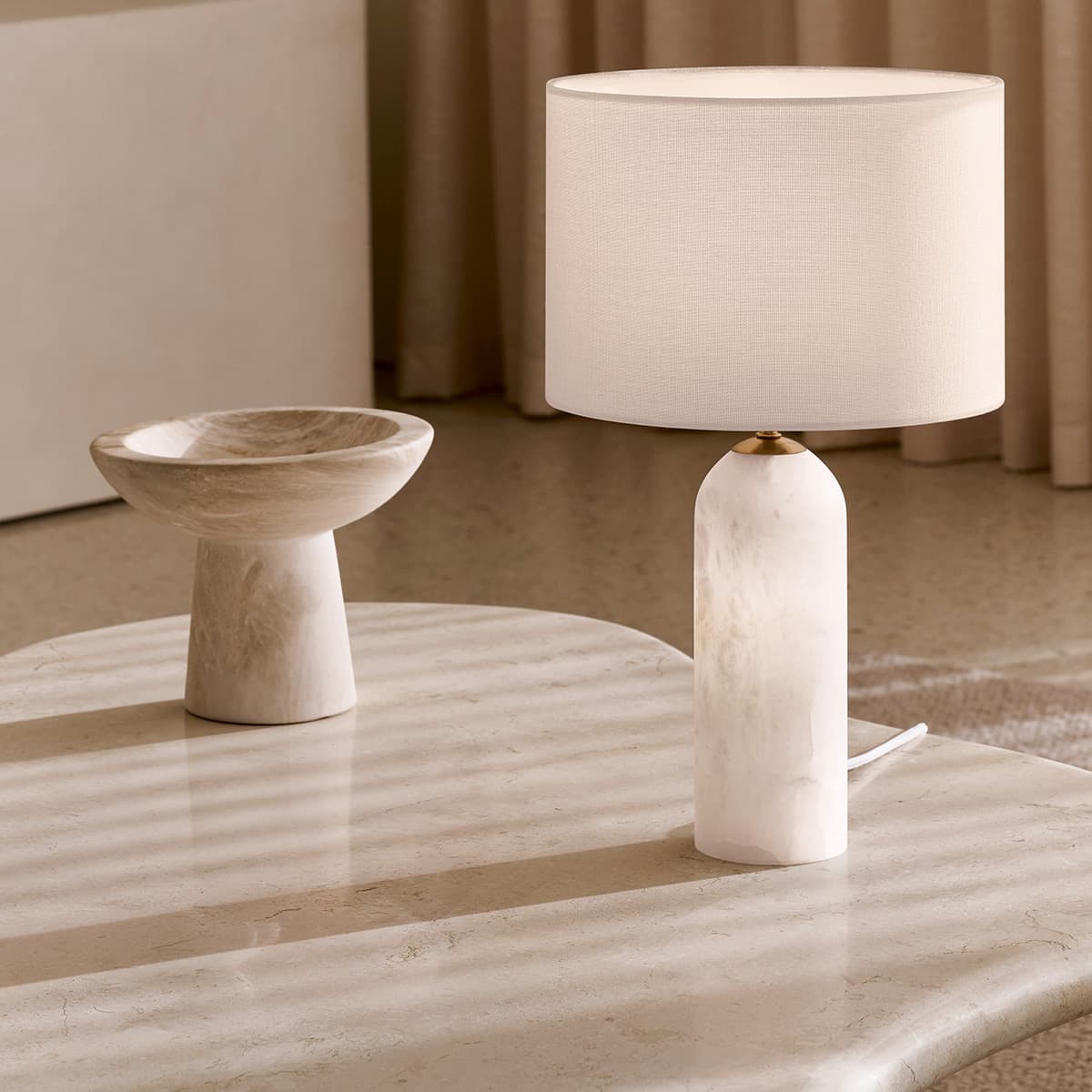 Firma 2 Light Table Lamp in Alabaster with White Linen Shade-img-2