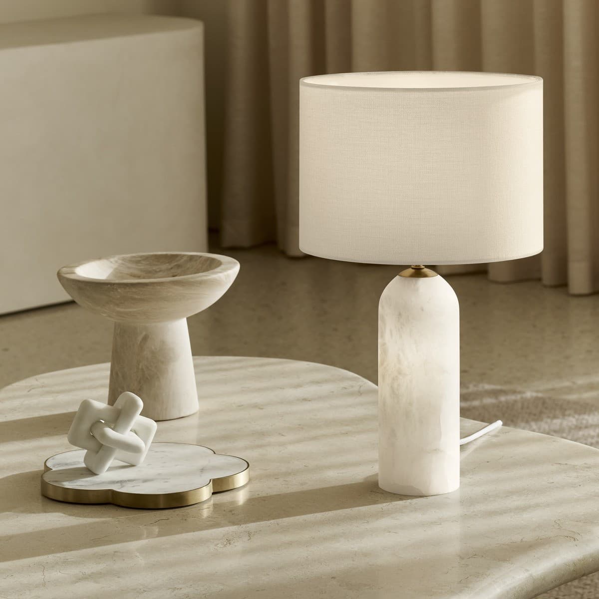 Firma 2 Light Table Lamp in Alabaster with White Linen Shade-img-4