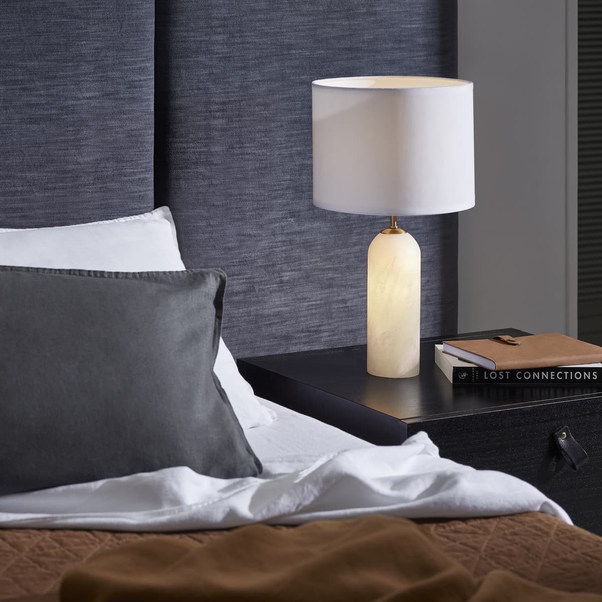 Firma 2 Light Table Lamp in Alabaster with White Linen Shade-img-5