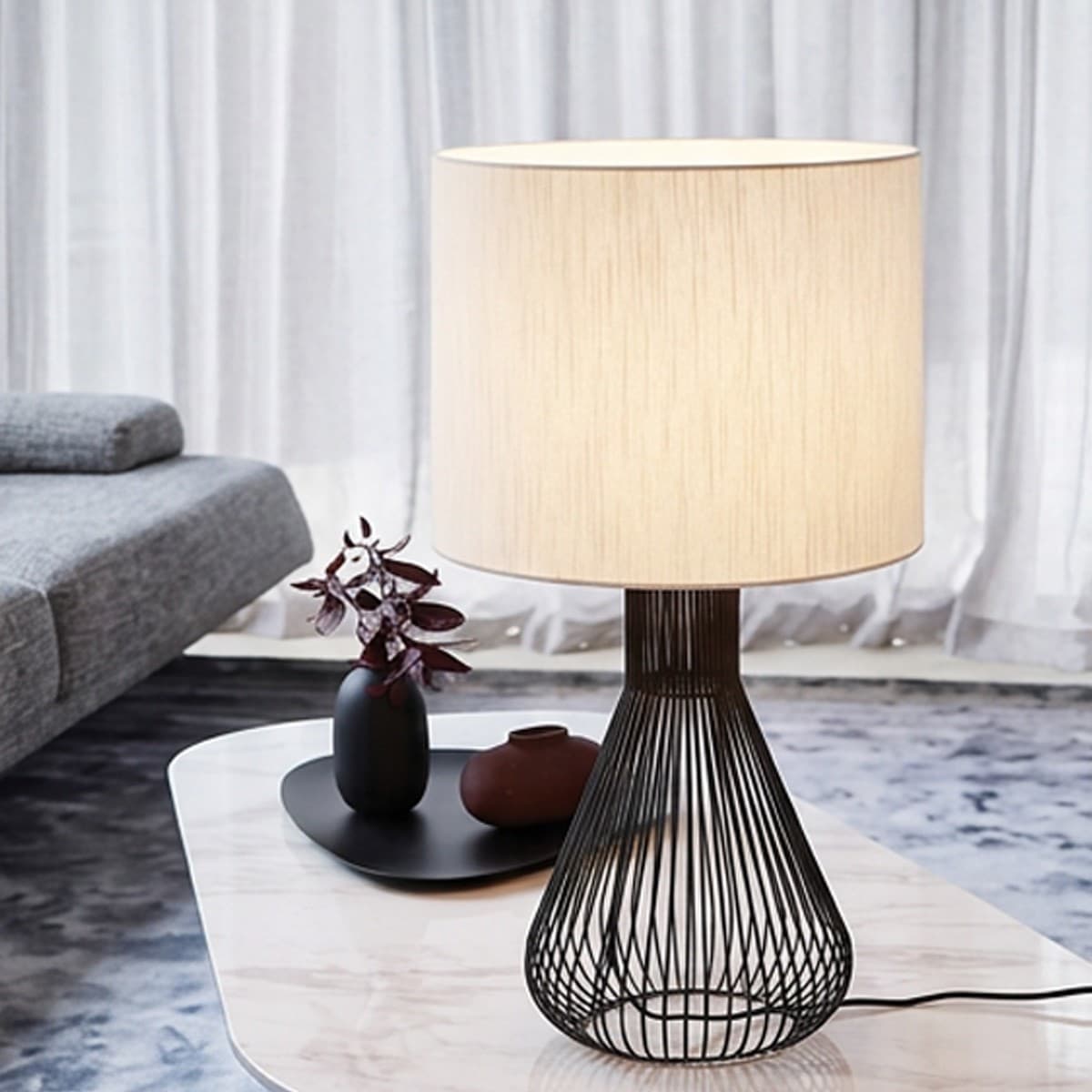 Akira 1 Light Tall Table Lamp with Metal Wire Base and White Linen Shade