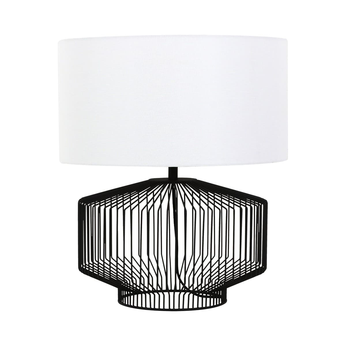 Akira 1 Light Squat Table Lamp with Metal Wire Base and White Linen Shade