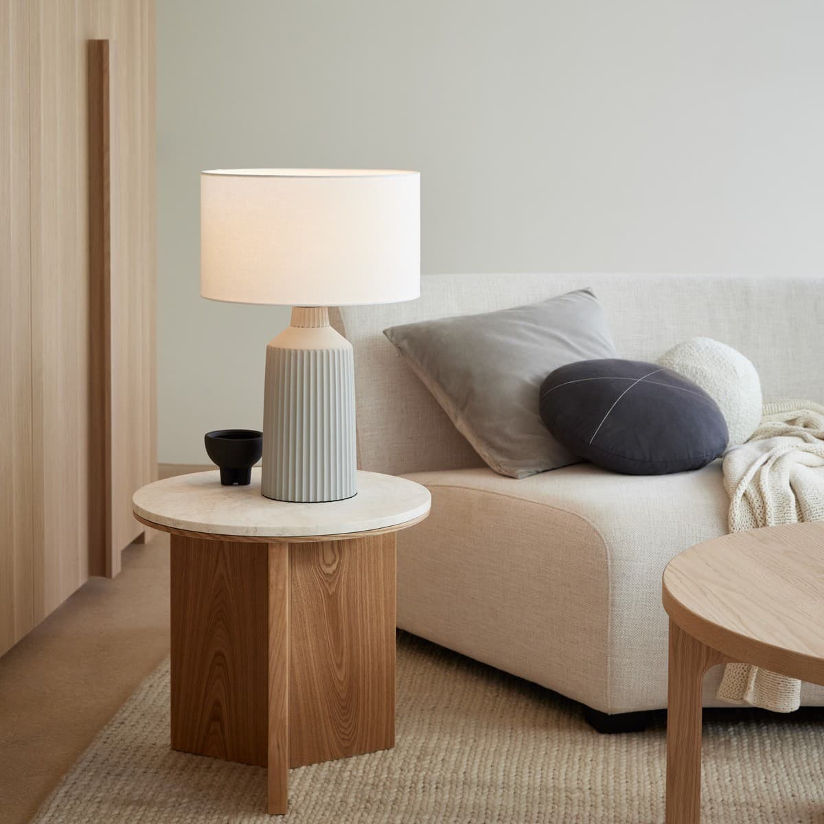 Miro 1 Light Table Lamp with Grey Ribbed Concrete Base and White Linen Shade-img-2