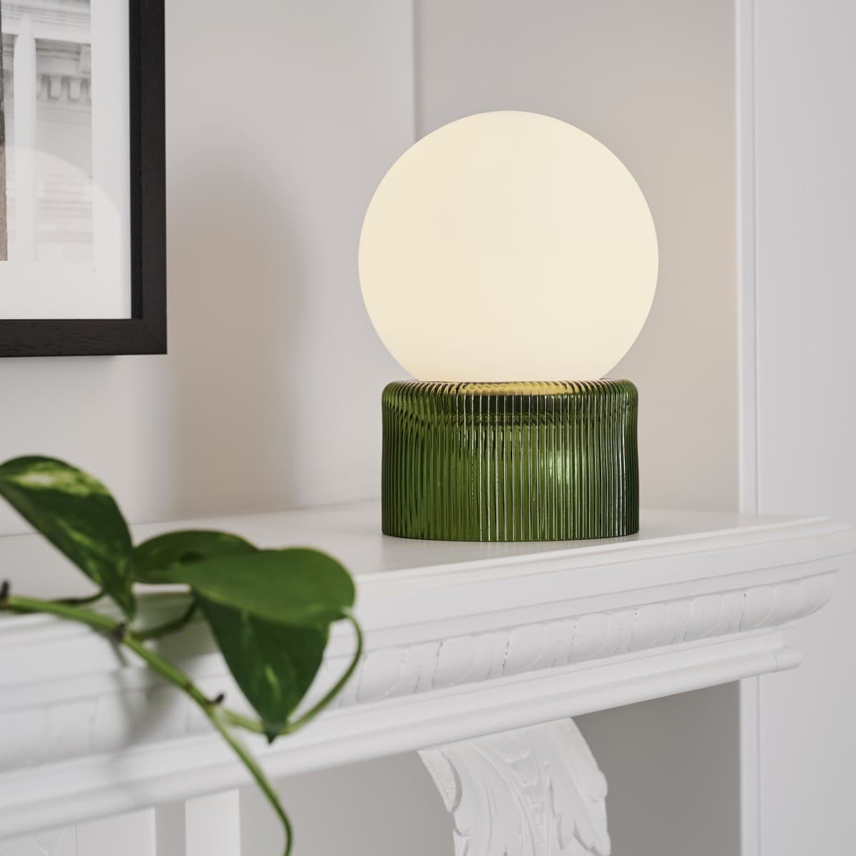 Aries 1 Light Table Lamp with Olive Glass Base and Opal Frosted Glass Shade-img-3