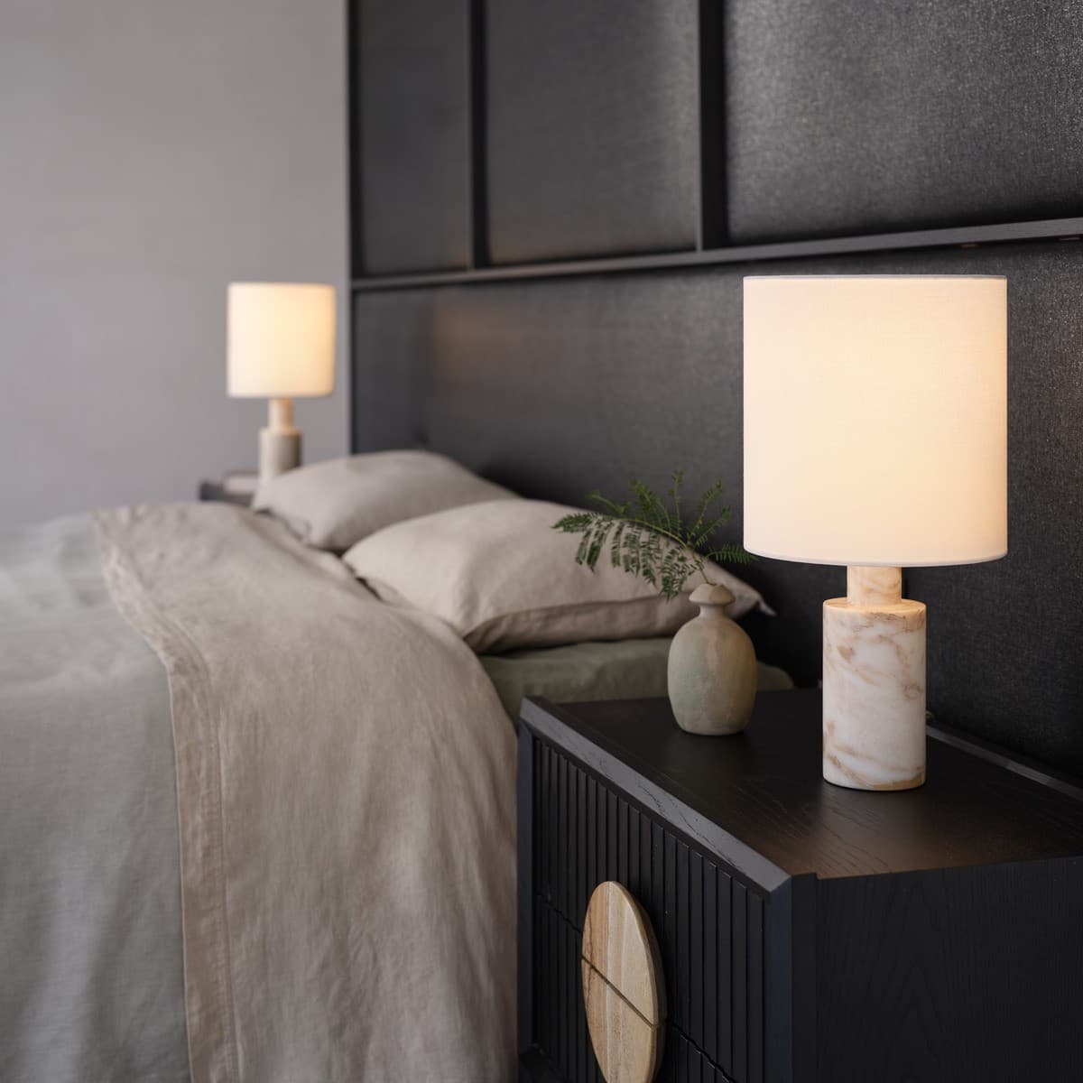 Terra 1 Light Table Lamp in Beige Marble with White Linen Shade-img-2