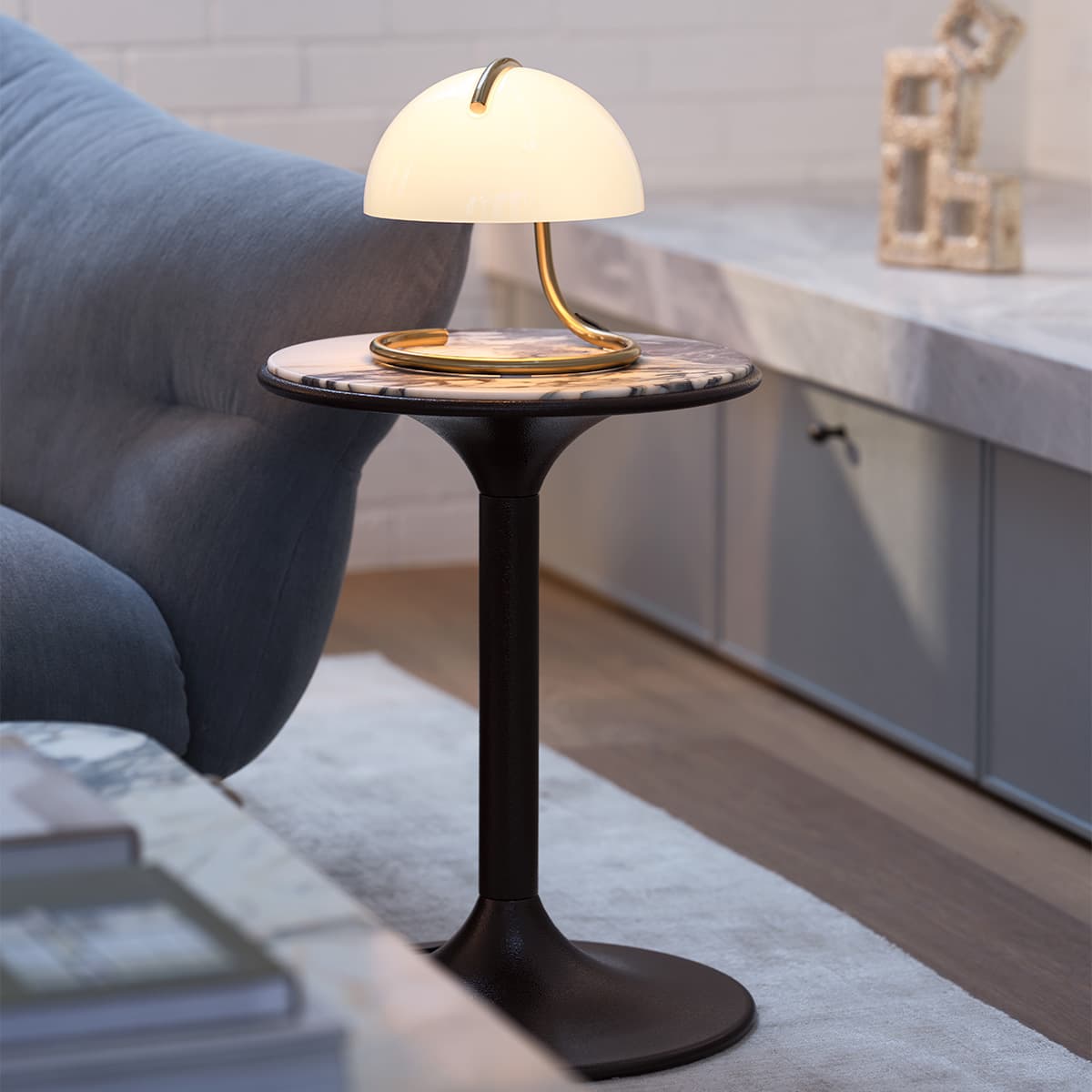 Mies Table Lamp in Aged Brass with Milk Glass-img-2
