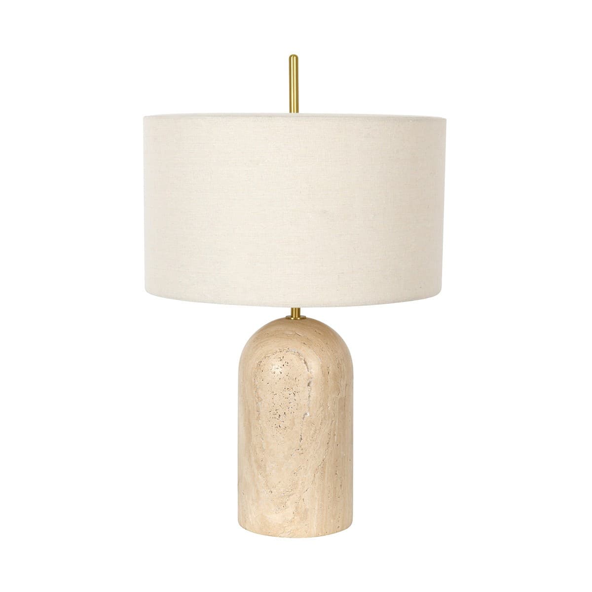 Made by Mayfair Rhodes 1 Light Table Lamp in Natural Travertine with Solid Brass Detail and Natural Linen Shade