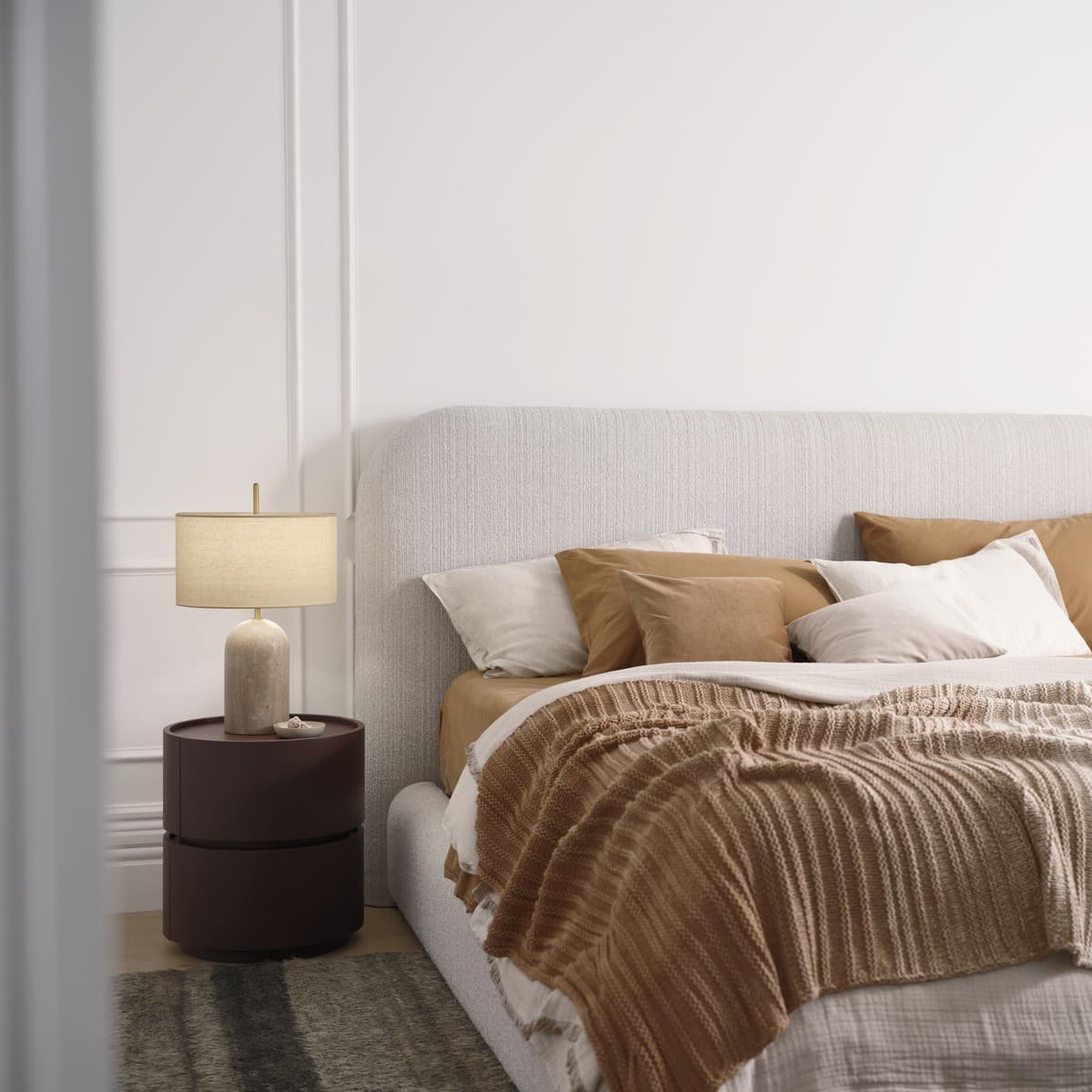 Made by Mayfair Rhodes 1 Light Table Lamp in Natural Travertine with Solid Brass Detail and Natural Linen Shade