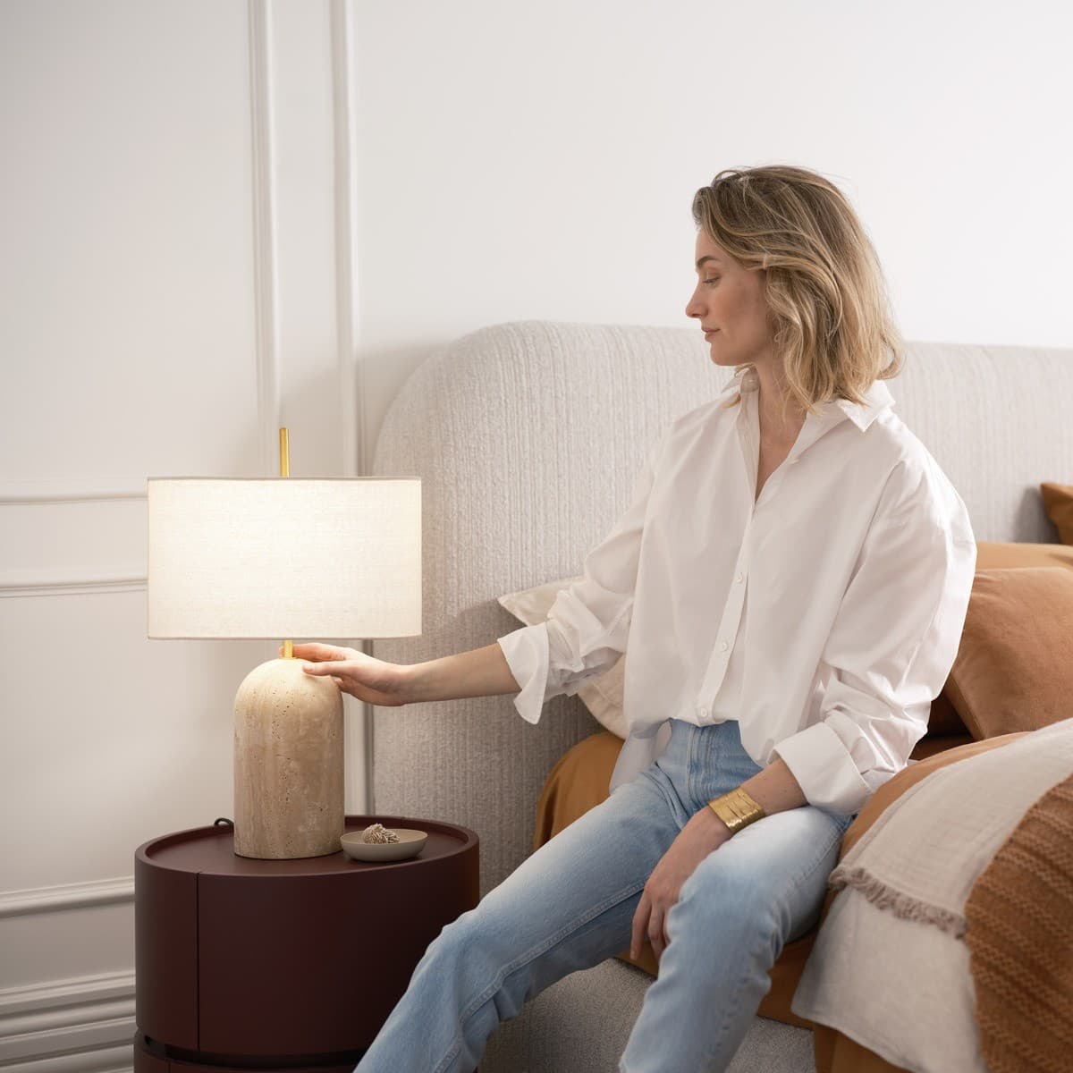 Made by Mayfair Rhodes 1 Light Table Lamp in Natural Travertine with Solid Brass Detail and Natural Linen Shade