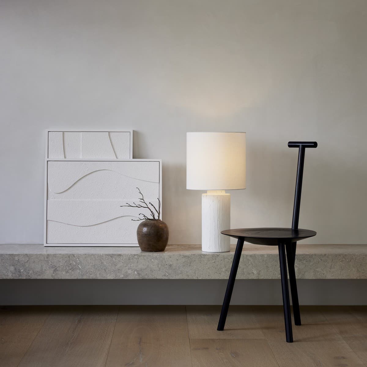 Alba 1 Light Table Lamp in White with Almond Shade