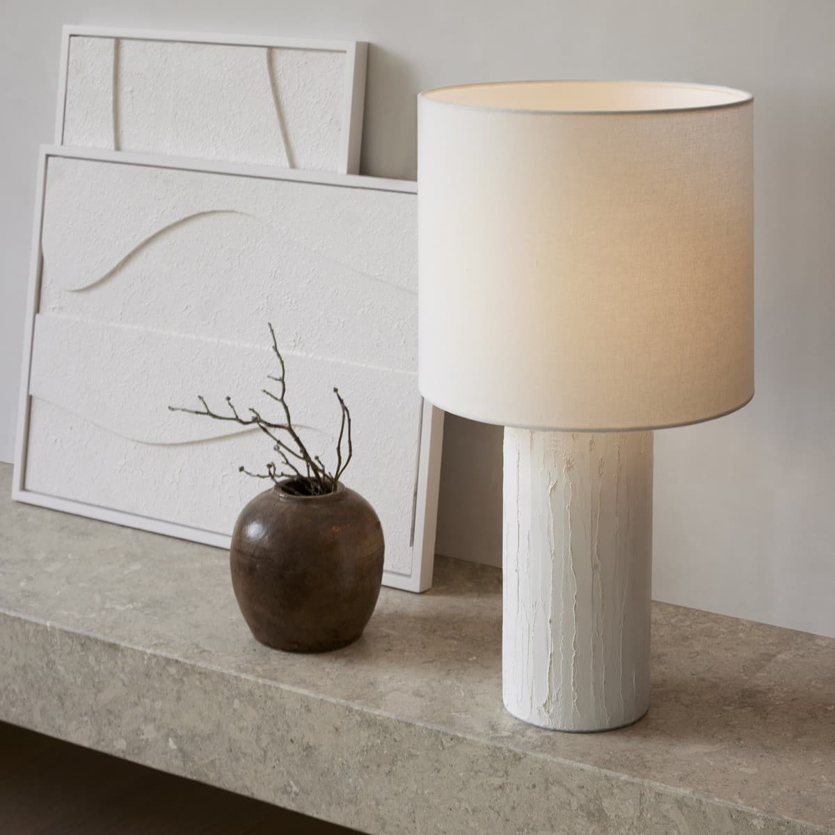 Alba 1 Light Table Lamp in White with Almond Shade