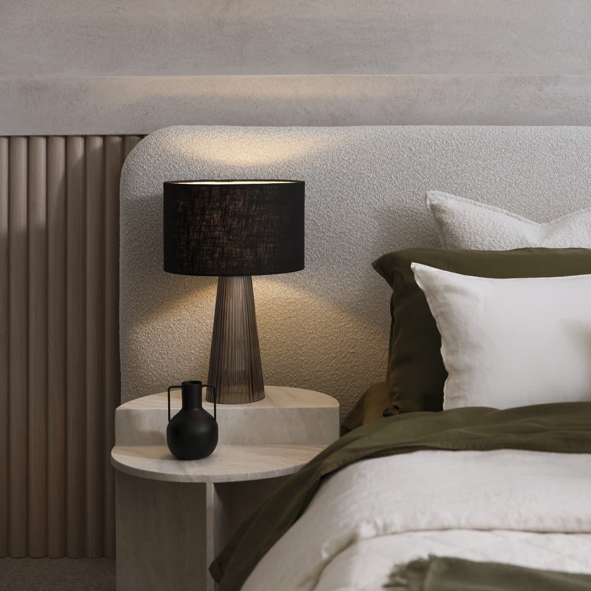 Ames 1 Light Table Lamp in Smoke Glass with Black Linen Shade