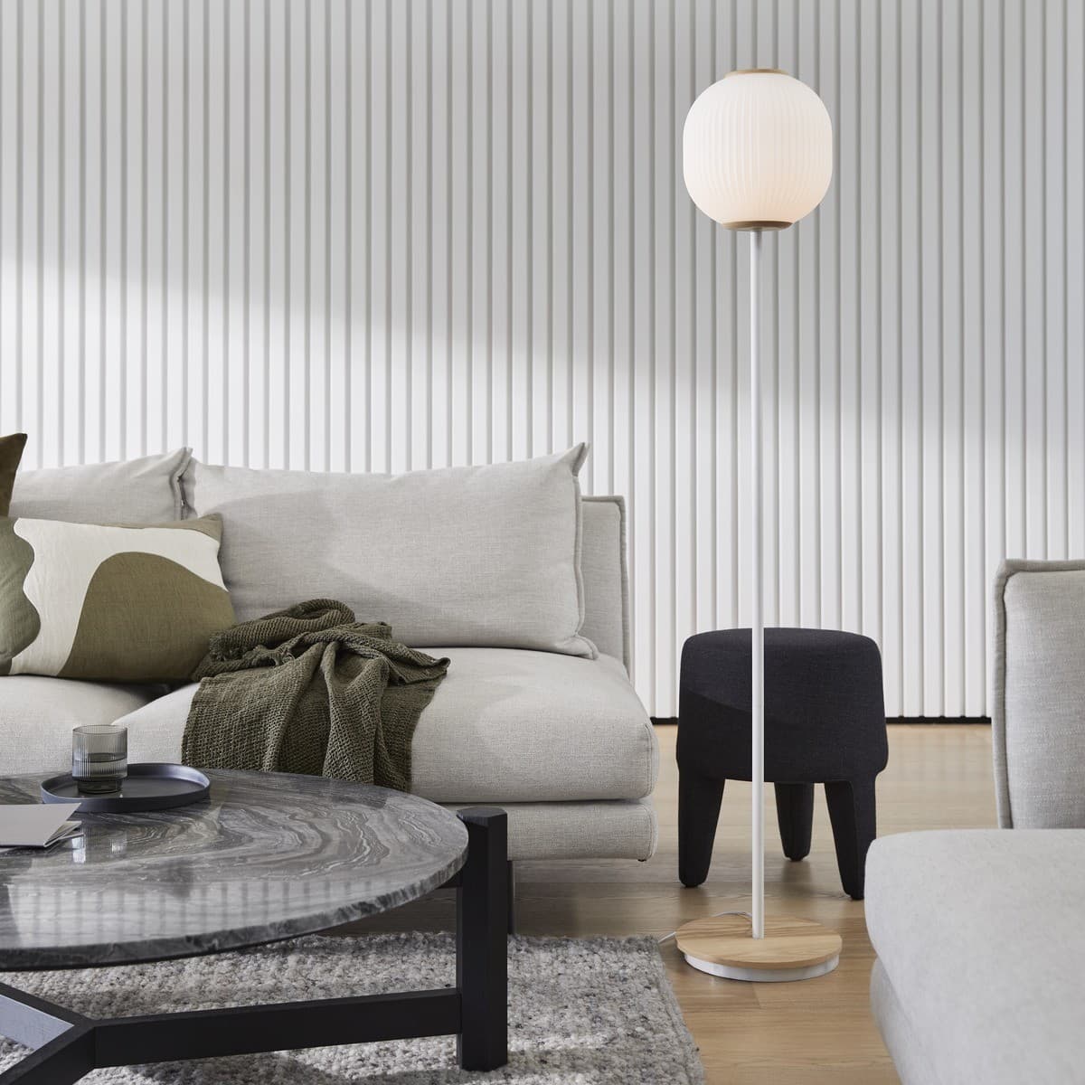 Mele 1 Light Floor Lamp in White with Ash Base and Ribbed Frost Glass Shade