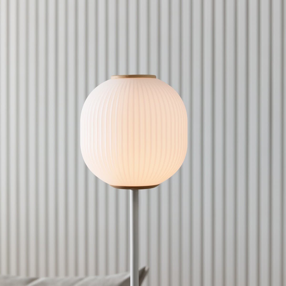 Mele 1 Light Floor Lamp in White with Ash Base and Ribbed Frost Glass Shade
