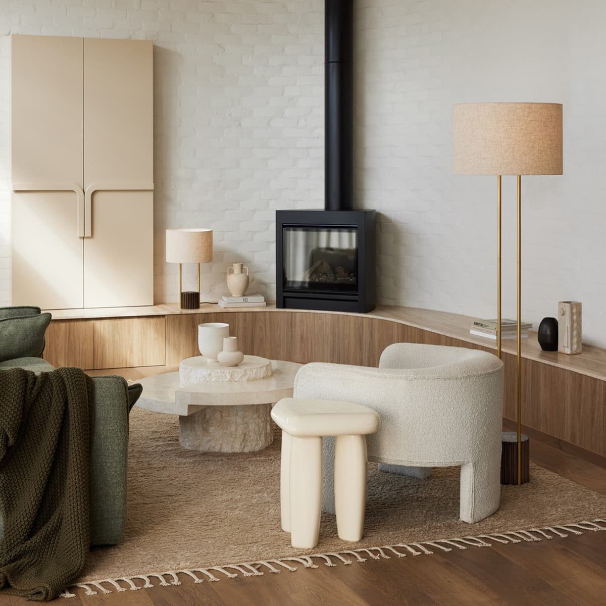 Dune 1 Light Floor Lamp in Walnut and Brass with White Linen Shade-img-2