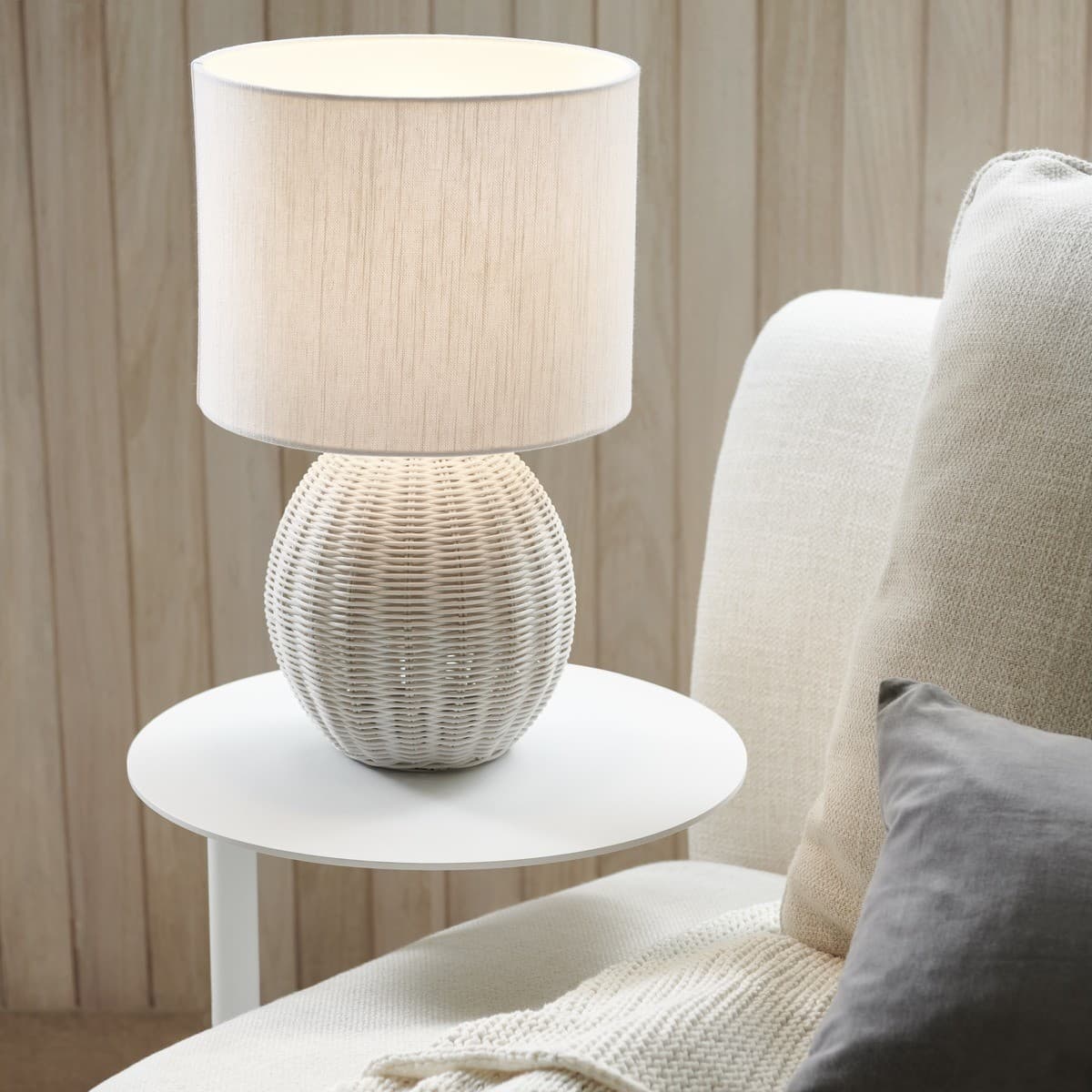 Otto 1 Light Round Table Lamp with Handwoven Rattan Base and White Linen Shade-img-2