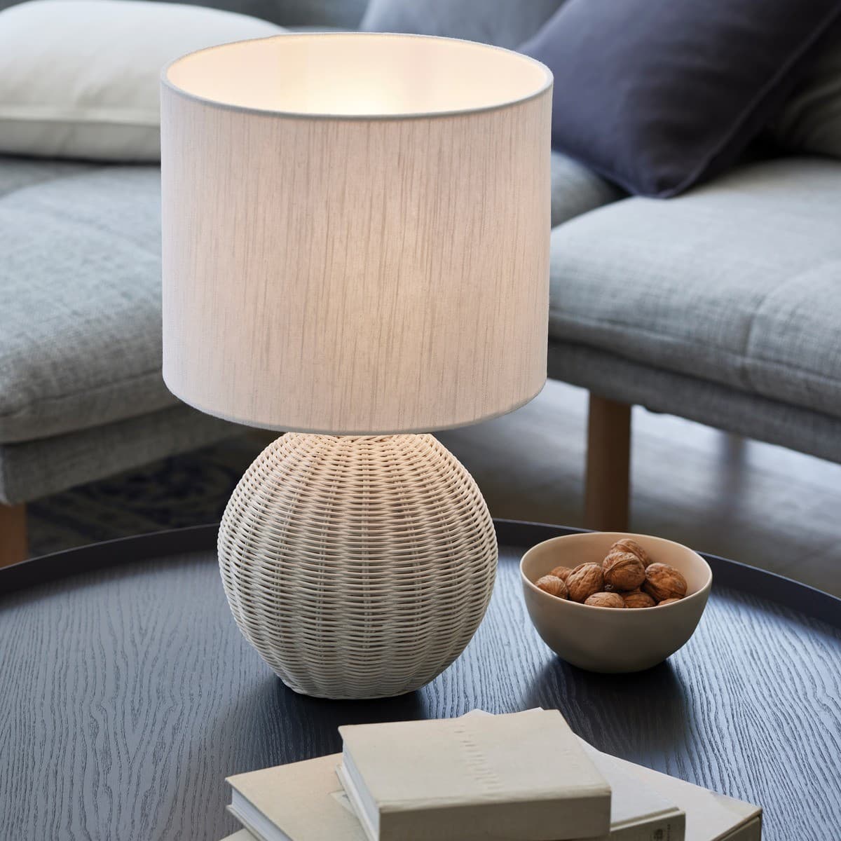 Otto 1 Light Round Table Lamp with Handwoven Rattan Base and White Linen Shade-img-3