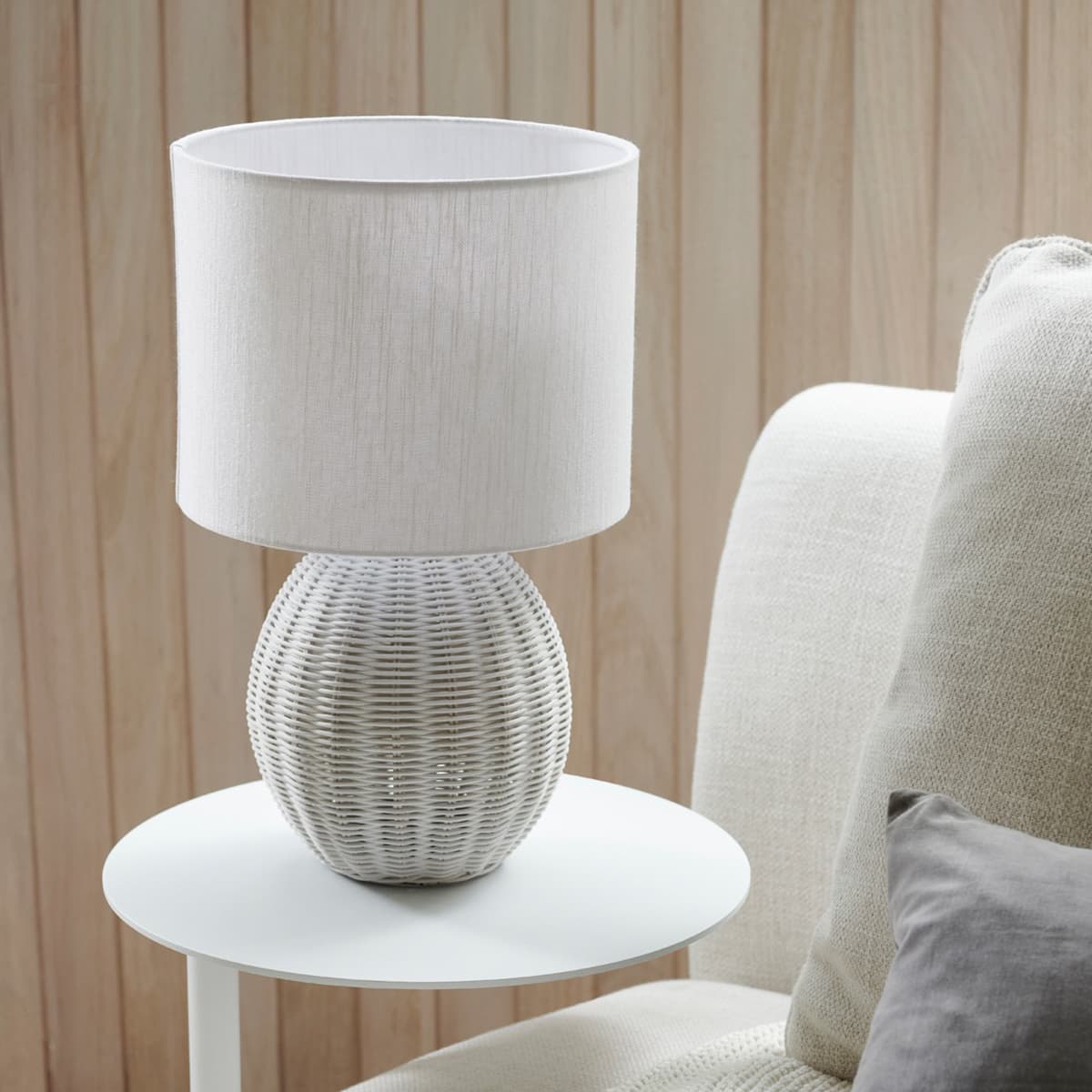 Otto 1 Light Round Table Lamp with Handwoven Rattan Base and White Linen Shade-img-4