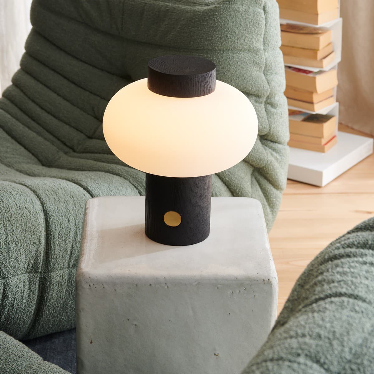 Zion 1 Light Touch Table Lamp in Black with Opal Frosted Glass Shade and Brass Detail