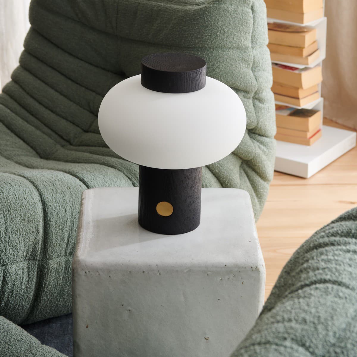 Zion 1 Light Touch Table Lamp in Black with Opal Frosted Glass Shade and Brass Detail