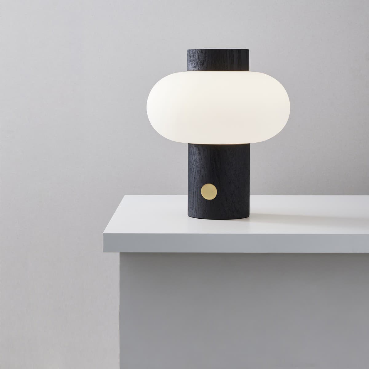 Zion 1 Light Touch Table Lamp in Black with Opal Frosted Glass Shade and Brass Detail