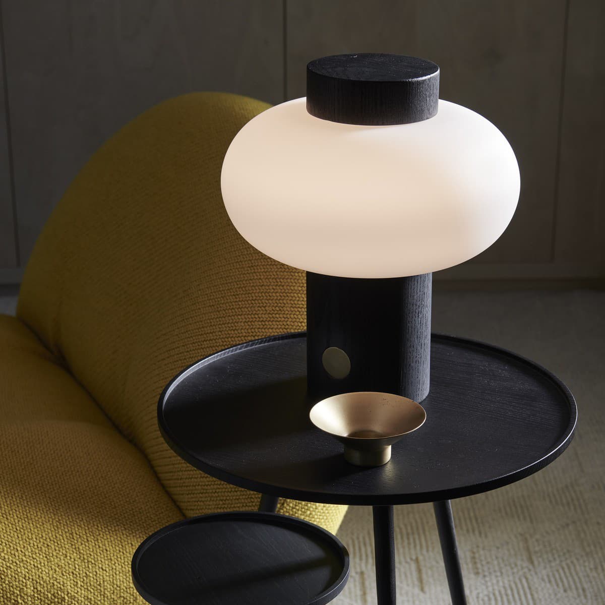 Zion 1 Light Touch Table Lamp in Black with Opal Frosted Glass Shade and Brass Detail
