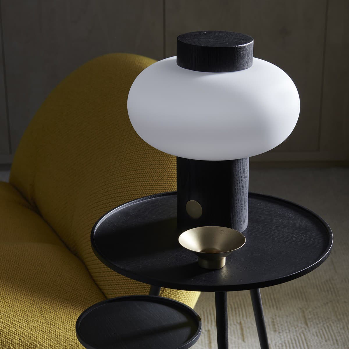 Zion 1 Light Touch Table Lamp in Black with Opal Frosted Glass Shade and Brass Detail